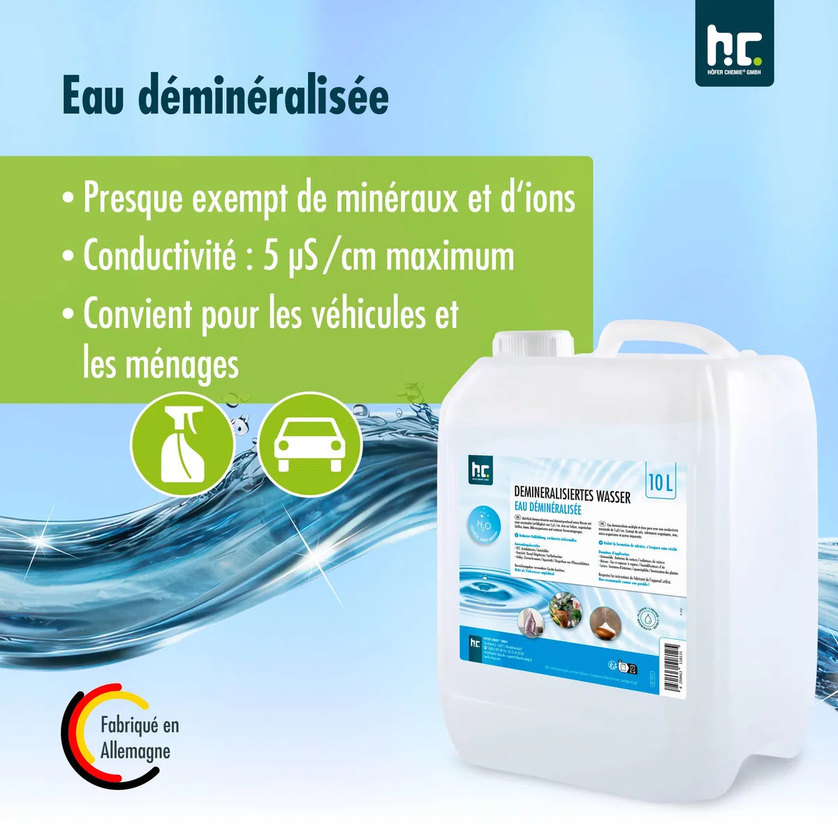 Höfer Chemie 12 x 10 L d'eau Déminéralisée - Eau Pure Déminéralisée