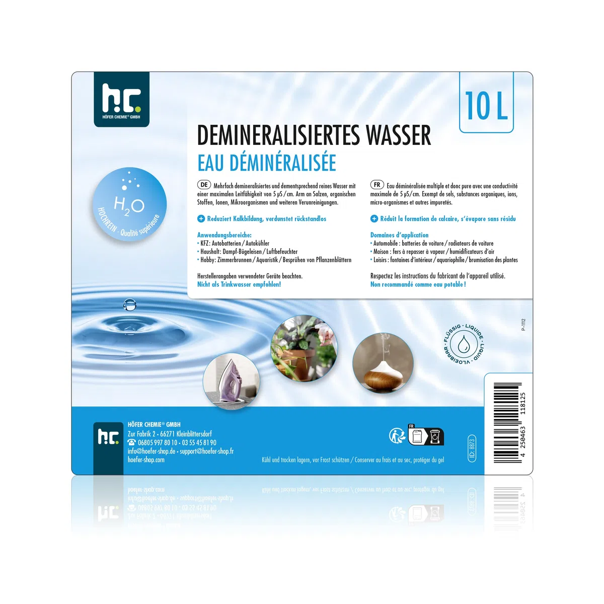 Höfer Chemie 12 x 10 L d'eau Déminéralisée - Eau Pure Déminéralisée